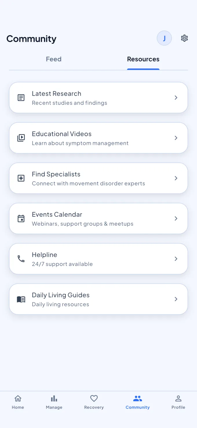 The Community screen showing research, videos, specialist links, events, helplines, and daily living guides.