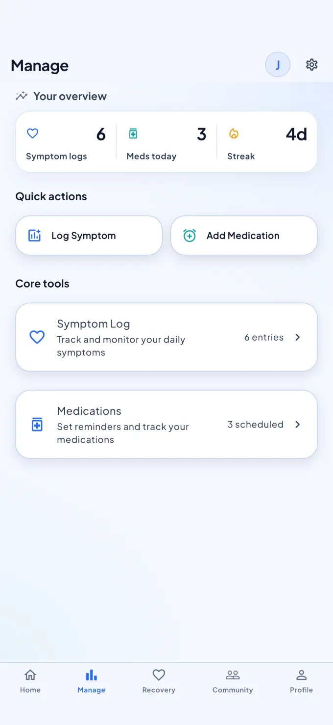 The Manage screen showing medications due today and medication tools.