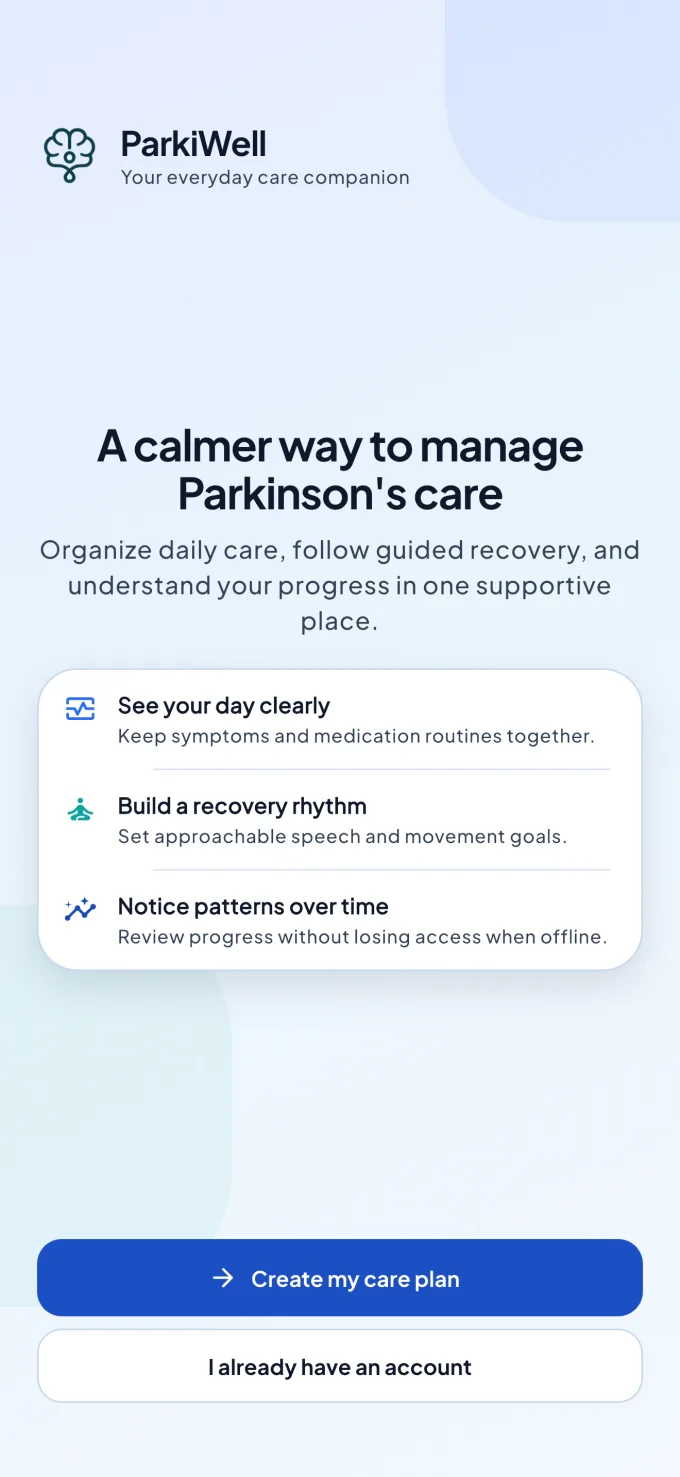 The ParkiWell welcome screen introducing daily care and guided recovery.
